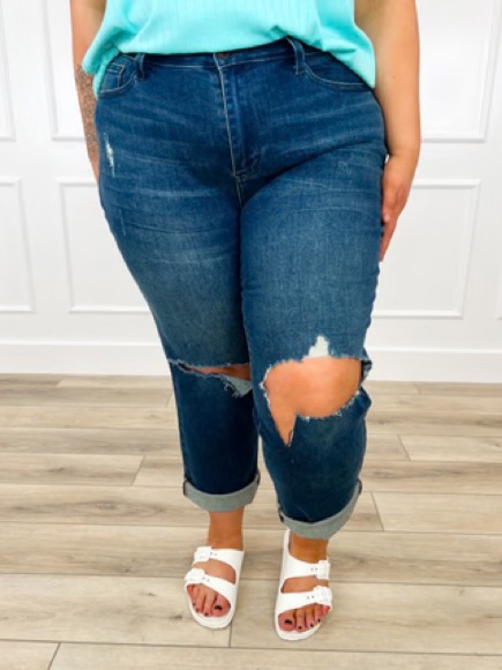 Judy Blue Dark Blue Distressed High-Rise Dad Jean